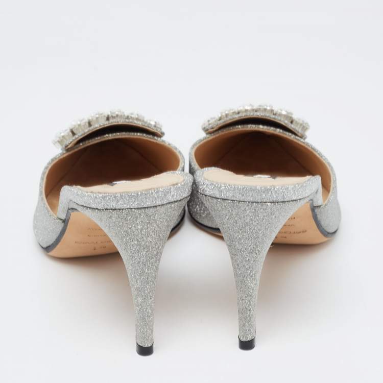 Pre Owned Sergio Rossi Silver Glitter Crystal Embellished Mules Size 40