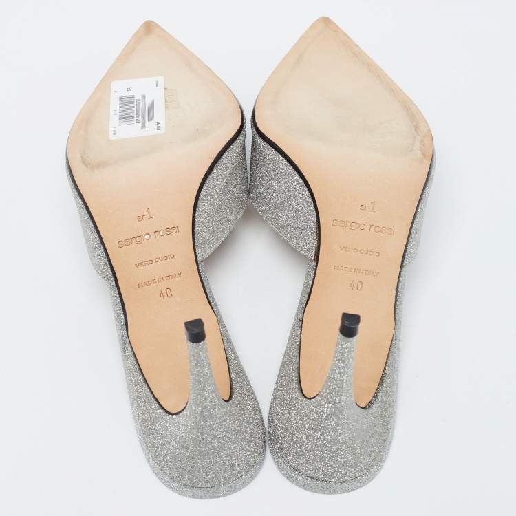 Pre Owned Sergio Rossi Silver Glitter Crystal Embellished Mules Size 40