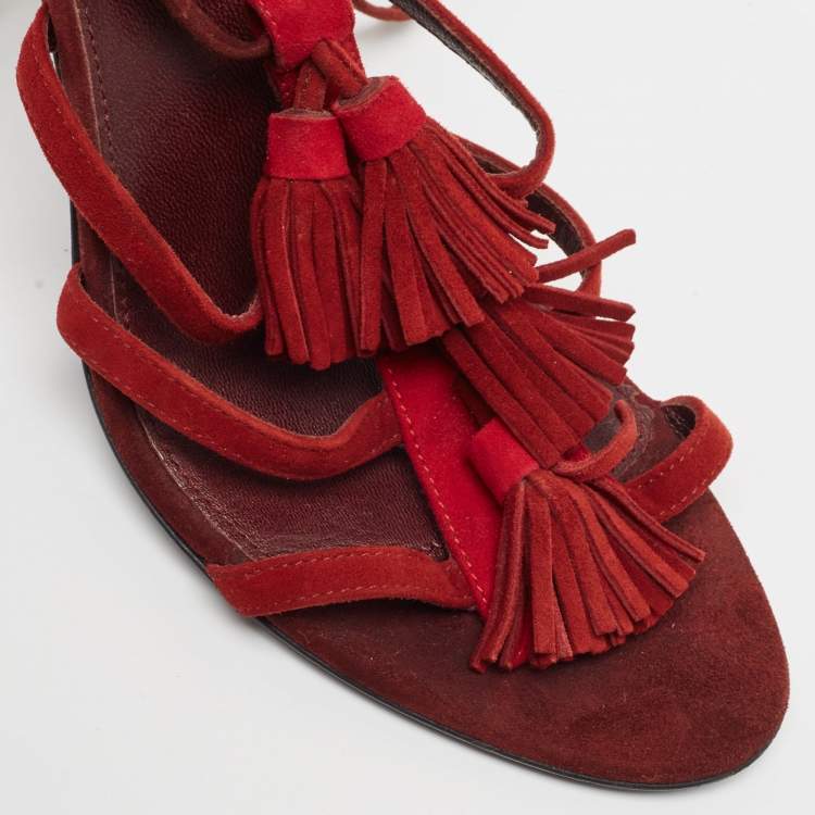 Pre Owned Sergio Rossi Two Tone Suede Tassel Detail Ankle Tie Sandals Size 38.5 