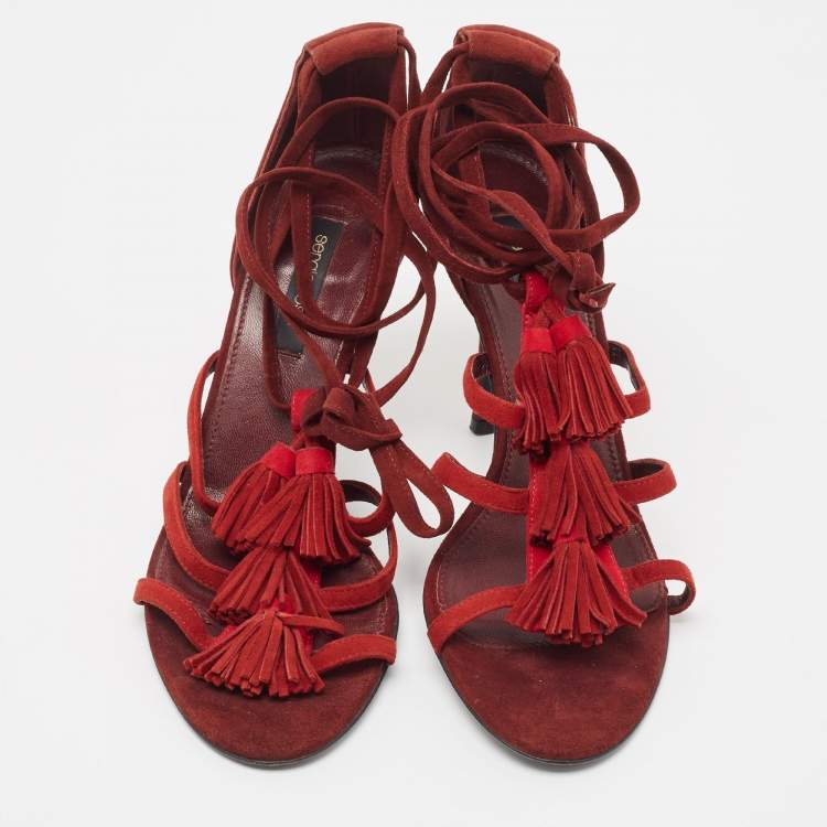 Pre Owned Sergio Rossi Two Tone Suede Tassel Detail Ankle Tie Sandals Size 38.5 