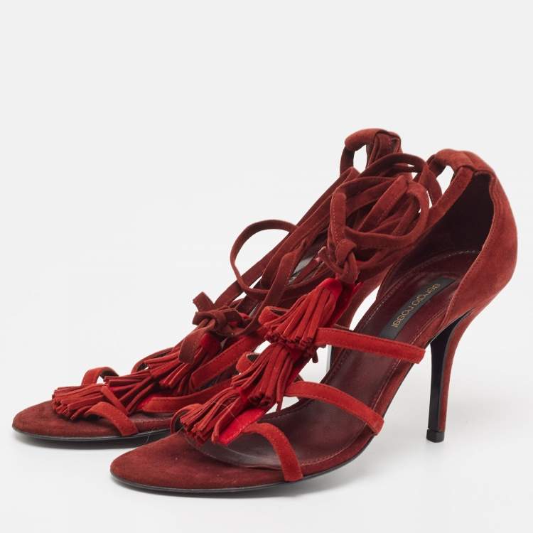 Pre Owned Sergio Rossi Two Tone Suede Tassel Detail Ankle Tie Sandals Size 38.5 