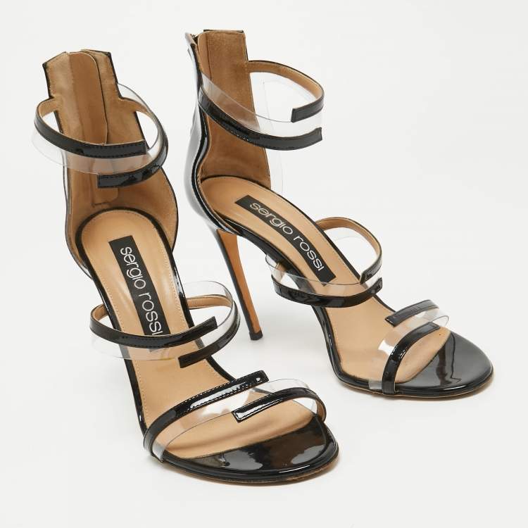 Pre Owned Sergio Rossi  Black Patent And PVC Ankle Strap Sandals Size 40