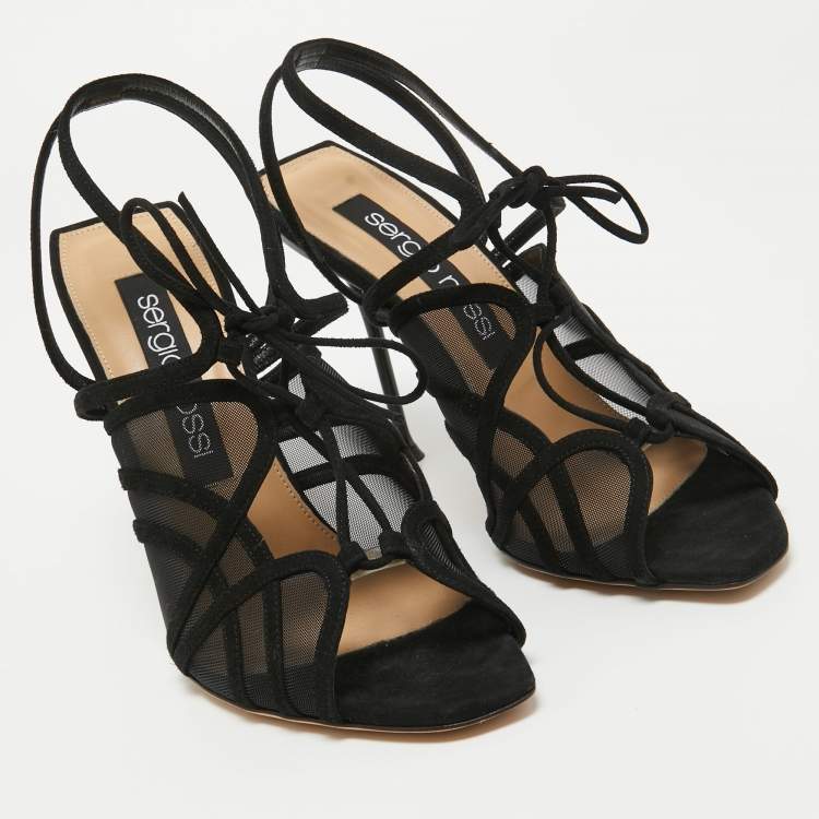 Pre Owned Sergio Rossi Black Suede and Mesh Ankle Strap Sandals Size 40