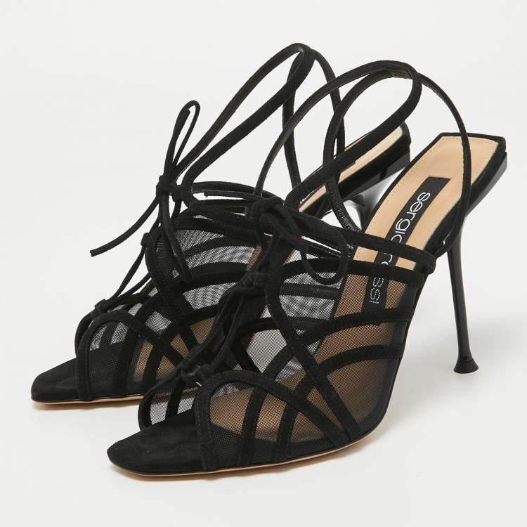 Pre Owned Sergio Rossi Black Suede and Mesh Ankle Strap Sandals Size 40