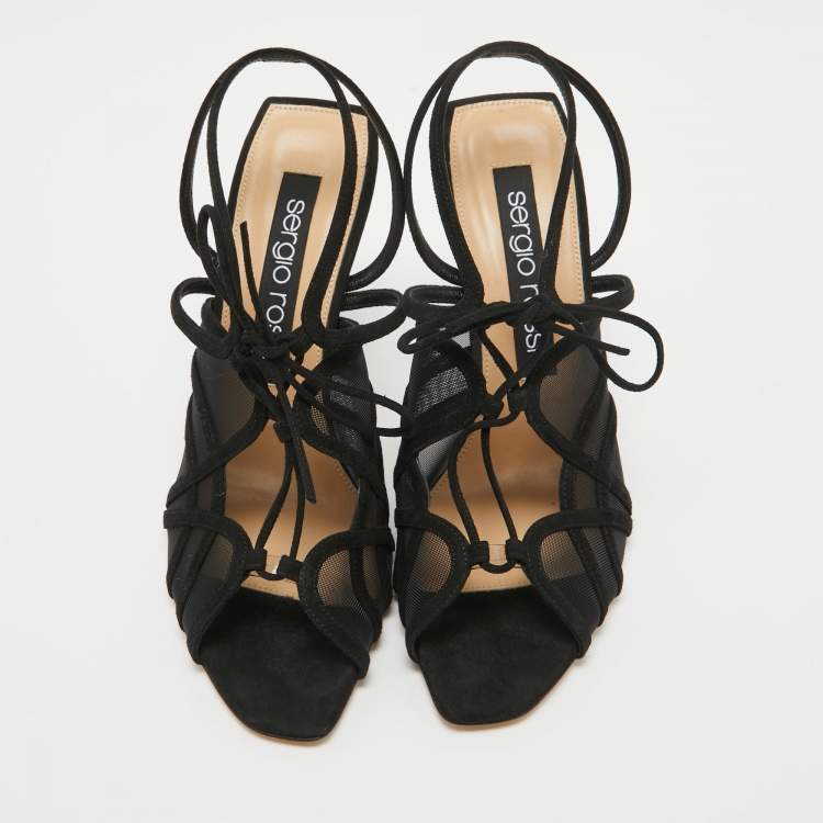 Pre Owned Sergio Rossi Black Suede and Mesh Ankle Strap Sandals Size 40