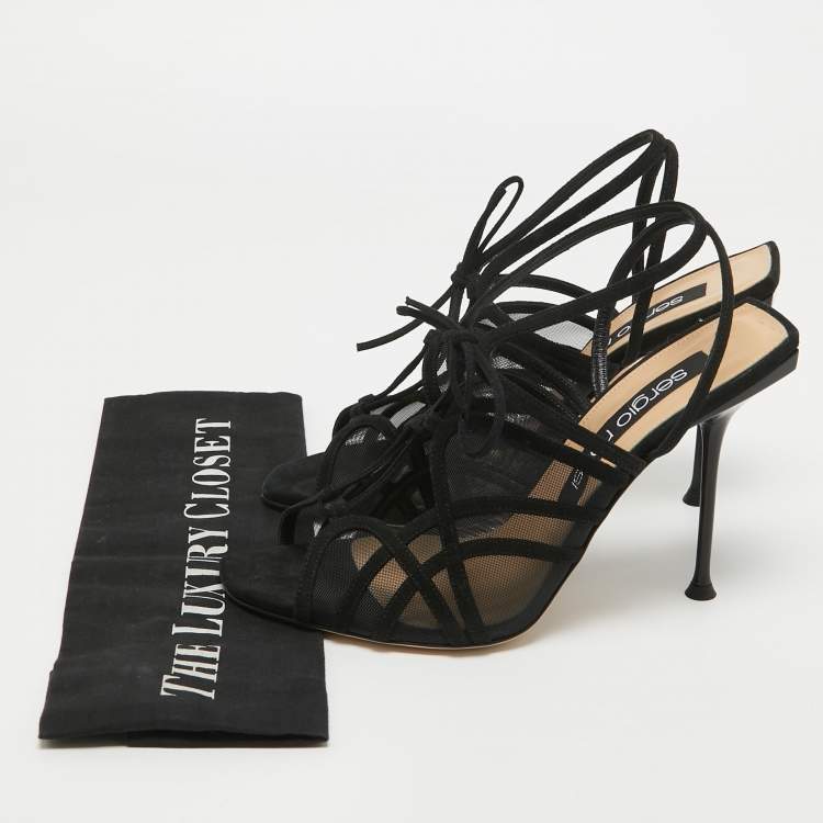 Pre Owned Sergio Rossi Black Suede and Mesh Ankle Strap Sandals Size 40
