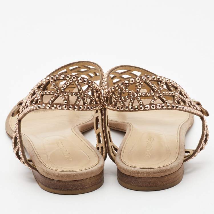 Pre Owned Sergio Rossi Beige Crystal Embellished Suede Thong Flat Sandals Size 40