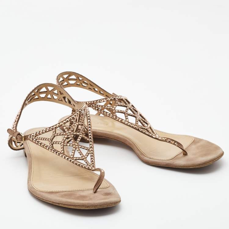 Pre Owned Sergio Rossi Beige Crystal Embellished Suede Thong Flat Sandals Size 40
