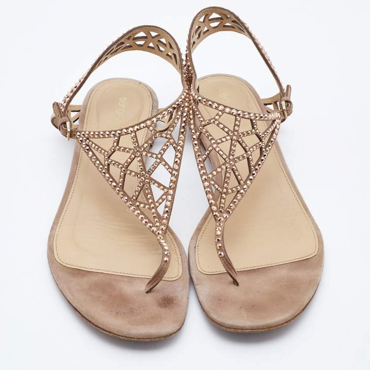 Pre Owned Sergio Rossi Beige Crystal Embellished Suede Thong Flat Sandals Size 40