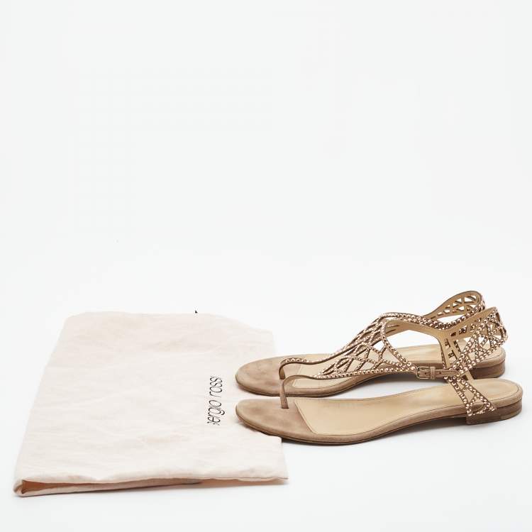 Pre Owned Sergio Rossi Beige Crystal Embellished Suede Thong Flat Sandals Size 40