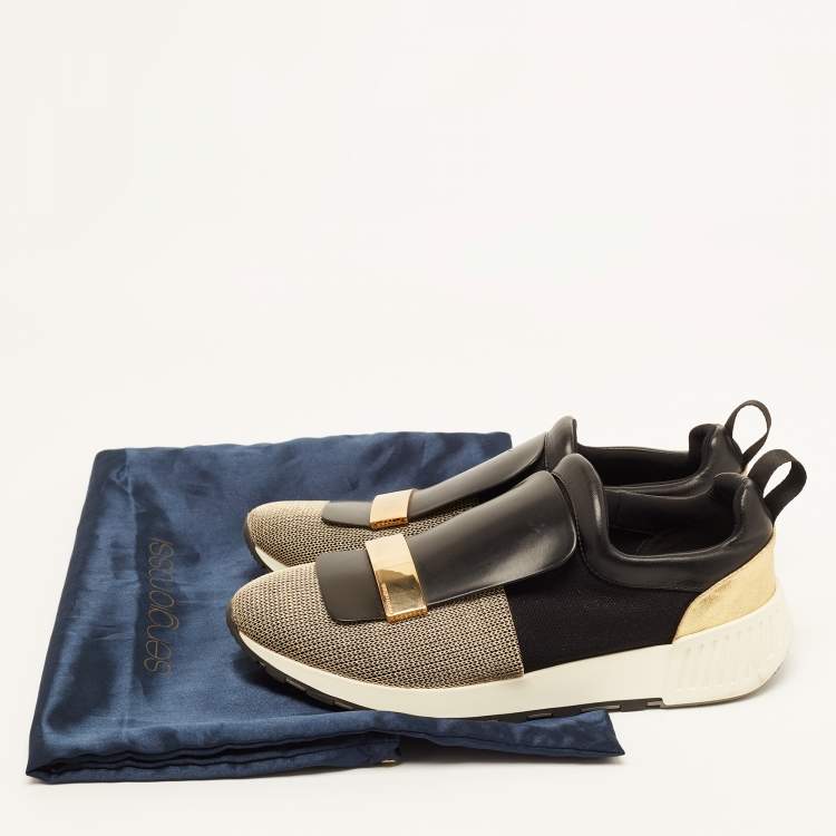 Pre Owned Sergio Rossi Gold/Black Leather and Fabric SR1 Slip On Sneakers Size 40
