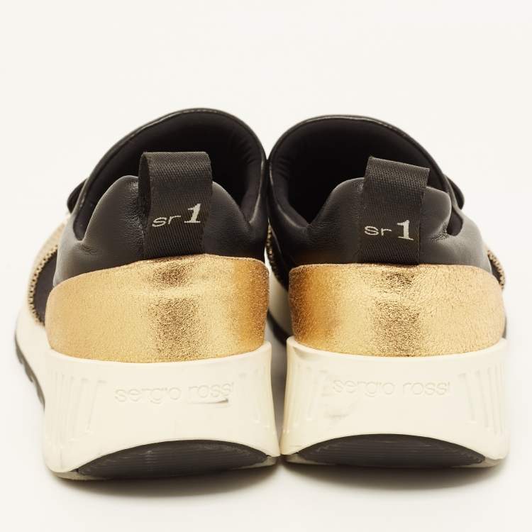 Pre Owned Sergio Rossi Gold/Black Leather and Fabric SR1 Slip On Sneakers Size 40
