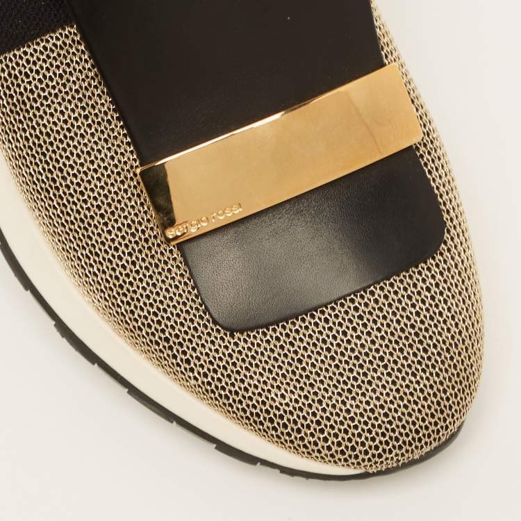 Pre Owned Sergio Rossi Gold/Black Leather and Fabric SR1 Slip On Sneakers Size 40