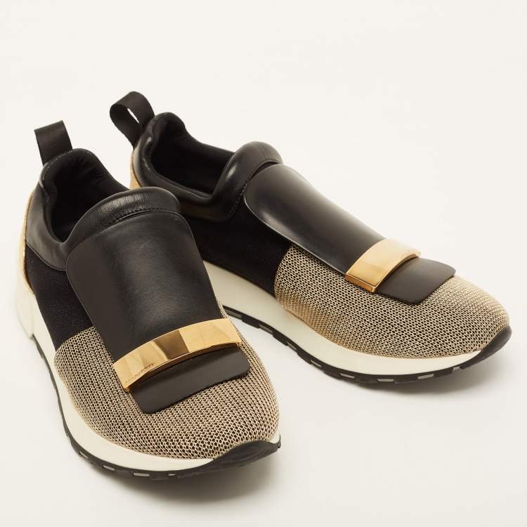 Pre Owned Sergio Rossi Gold/Black Leather and Fabric SR1 Slip On Sneakers Size 40
