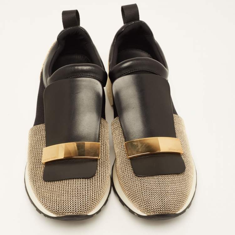 Pre Owned Sergio Rossi Gold/Black Leather and Fabric SR1 Slip On Sneakers Size 40