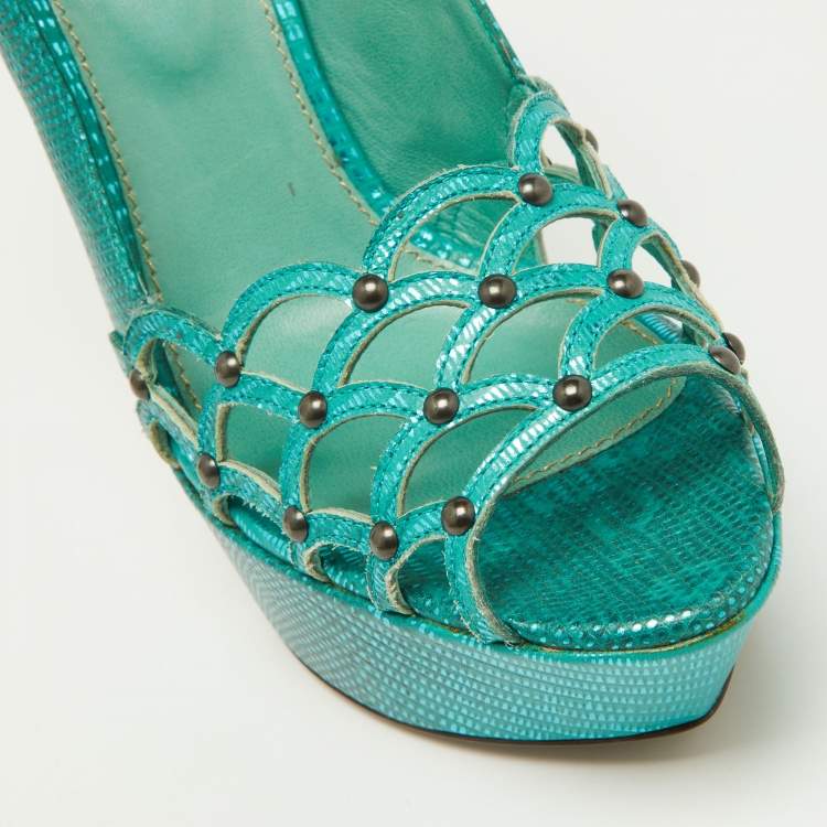 Pre Owned Sergio Rossi Green Laser Cut Lizard Embossed Leather Platform Pumps Size 38