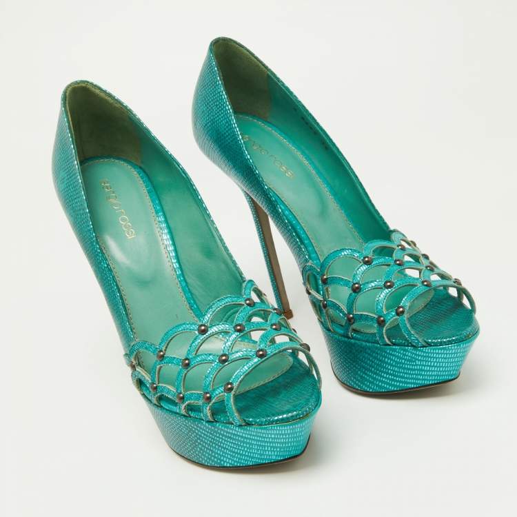Pre Owned Sergio Rossi Green Laser Cut Lizard Embossed Leather Platform Pumps Size 38