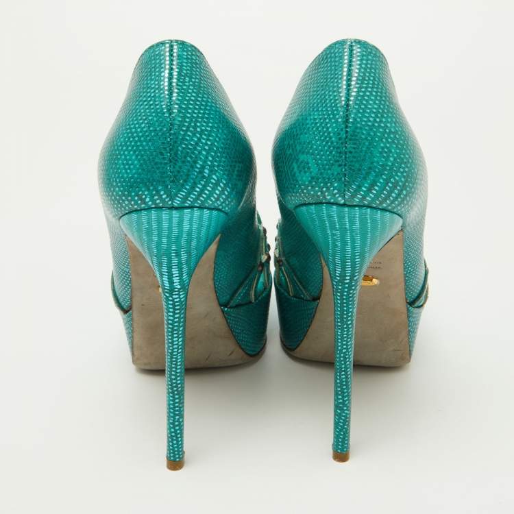 Pre Owned Sergio Rossi Green Laser Cut Lizard Embossed Leather Platform Pumps Size 38