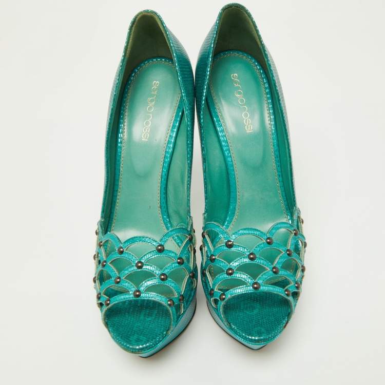 Pre Owned Sergio Rossi Green Laser Cut Lizard Embossed Leather Platform Pumps Size 38