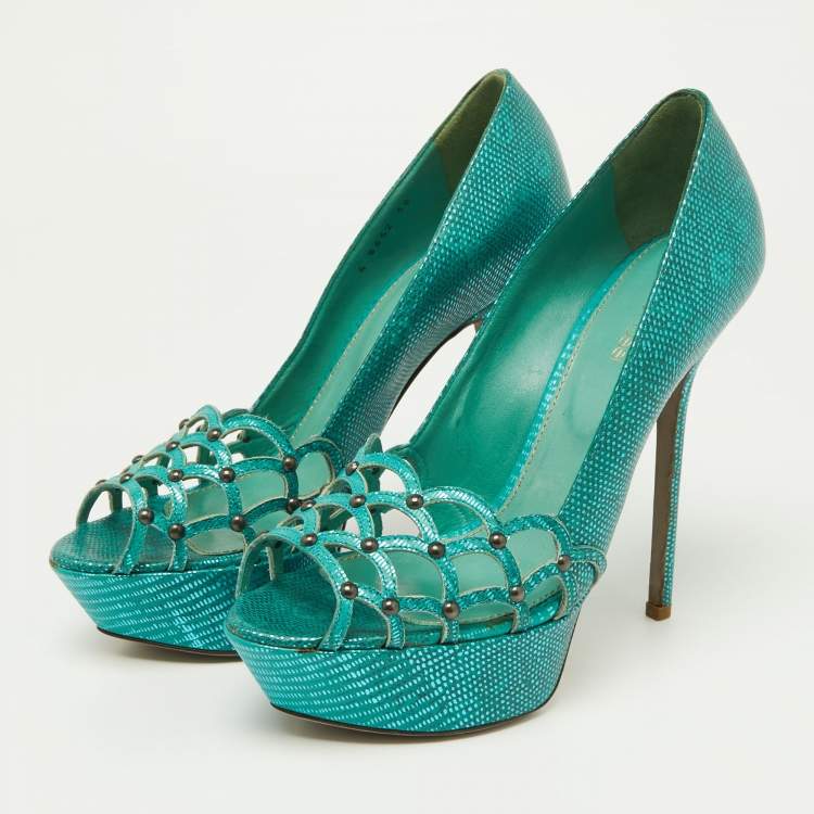 Pre Owned Sergio Rossi Green Laser Cut Lizard Embossed Leather Platform Pumps Size 38