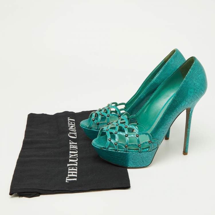 Pre Owned Sergio Rossi Green Laser Cut Lizard Embossed Leather Platform Pumps Size 38