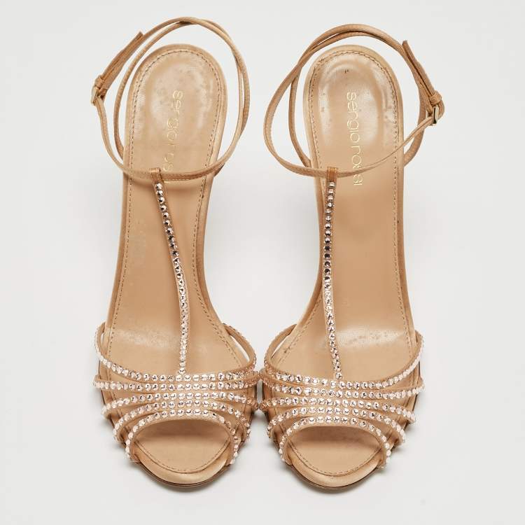 مملوكة مسبقًا Sergio Rossi Metallic Crystal Embellished Satin T-Bar Ankle Strap Sandals Size 40