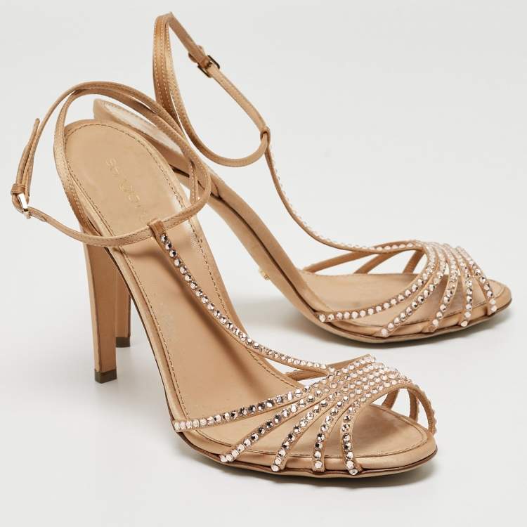 مملوكة مسبقًا Sergio Rossi Metallic Crystal Embellished Satin T-Bar Ankle Strap Sandals Size 40