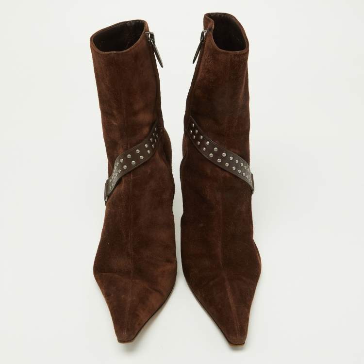 Pre Owned Sergio Rossi Brown Suede and Leather Studded Ankle Boots Size 37