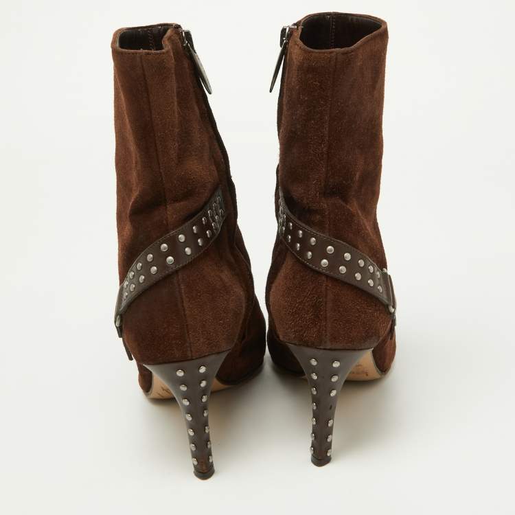 Pre Owned Sergio Rossi Brown Suede and Leather Studded Ankle Boots Size 37