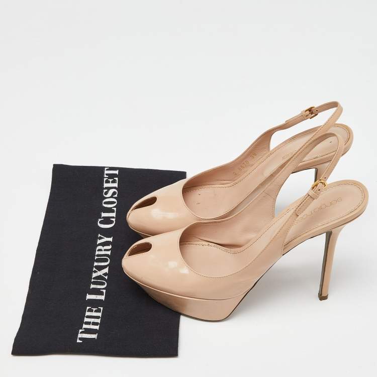 Pre Owned Sergio Rossi Beige Patent Leather Cachet Slingback Pumps Size 39