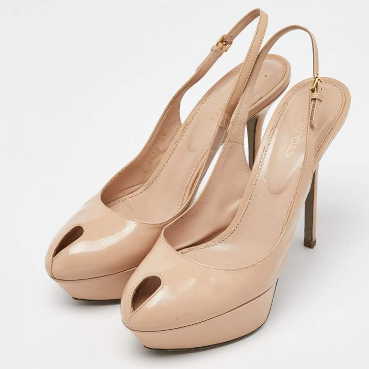 Pre Owned Sergio Rossi Beige Patent Leather Cachet Slingback Pumps Size 39
