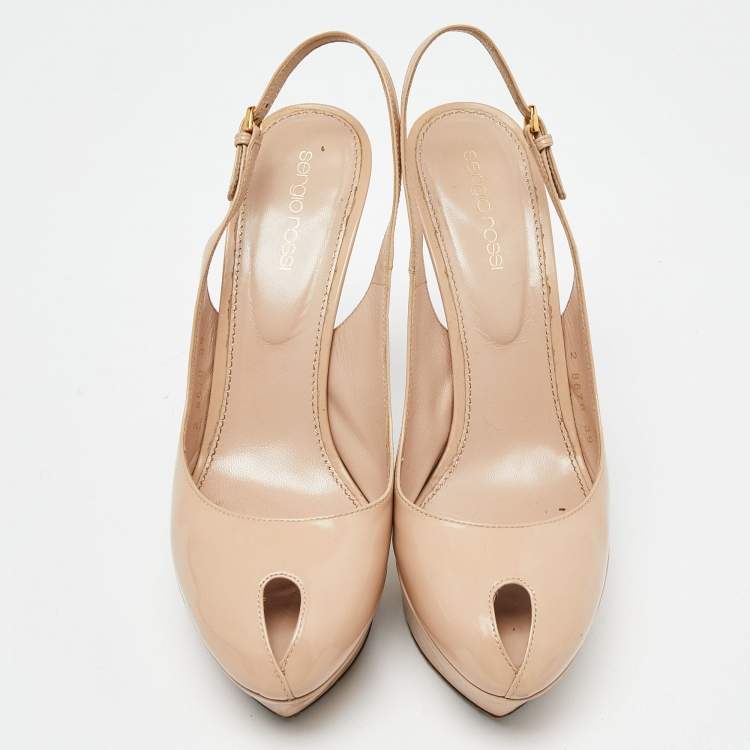 Pre Owned Sergio Rossi Beige Patent Leather Cachet Slingback Pumps Size 39