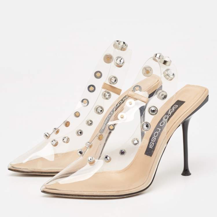 Pre Owned Sergio Rossi Transparent PVC Crystal Embellished Slingback Pumps Size 38