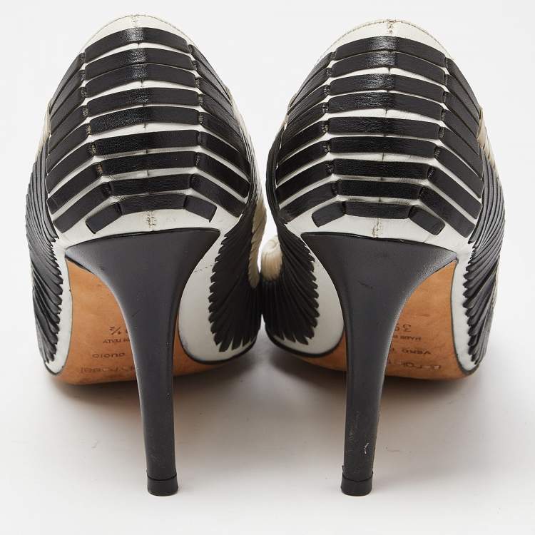 Pre Owned Sergio Rossi Black/White Leather Stitched Detail Peep Toe Pumps Size 39.5