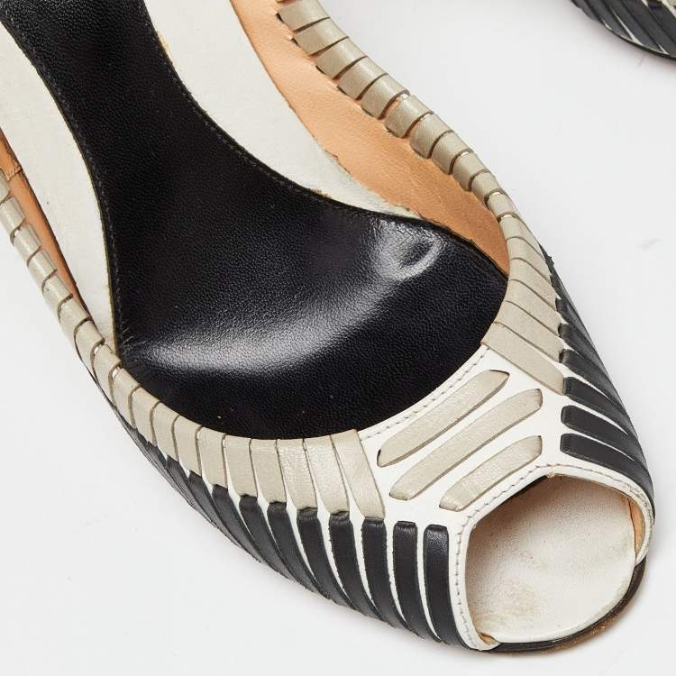 Pre Owned Sergio Rossi Black/White Leather Stitched Detail Peep Toe Pumps Size 39.5