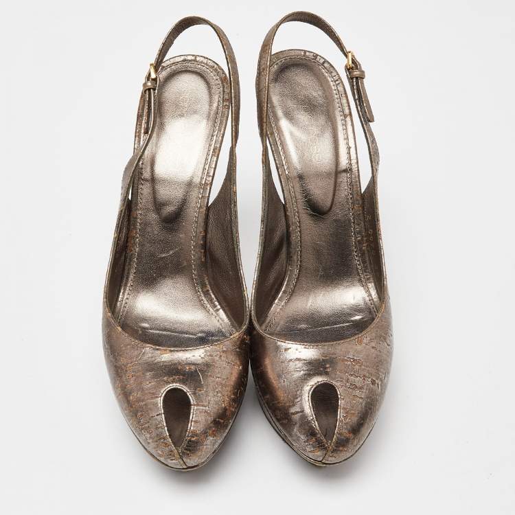 Pre Owned Sergio Rossi Gold Metallic Leather Peep Toe Platform Slingback Pumps Size 39