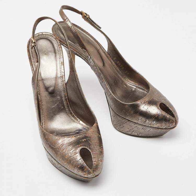 Pre Owned Sergio Rossi Gold Metallic Leather Peep Toe Platform Slingback Pumps Size 39