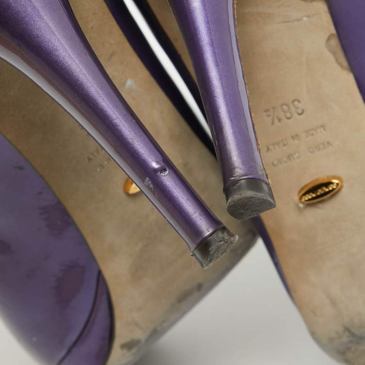 Pre Owned Sergio Rossi Purple Patent Leather Peep Toe Platform Pumps Size 38.5