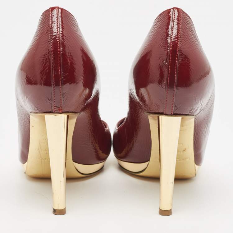 Pre Owned Sergio Rossi Burgundy Patent Leather Platform Pumps Size 39.5
