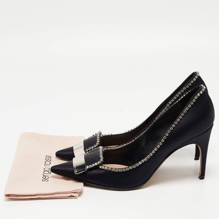 Pre Owned Sergio Rossi Black Satin Crystal Embellished Pumps Size 39.5