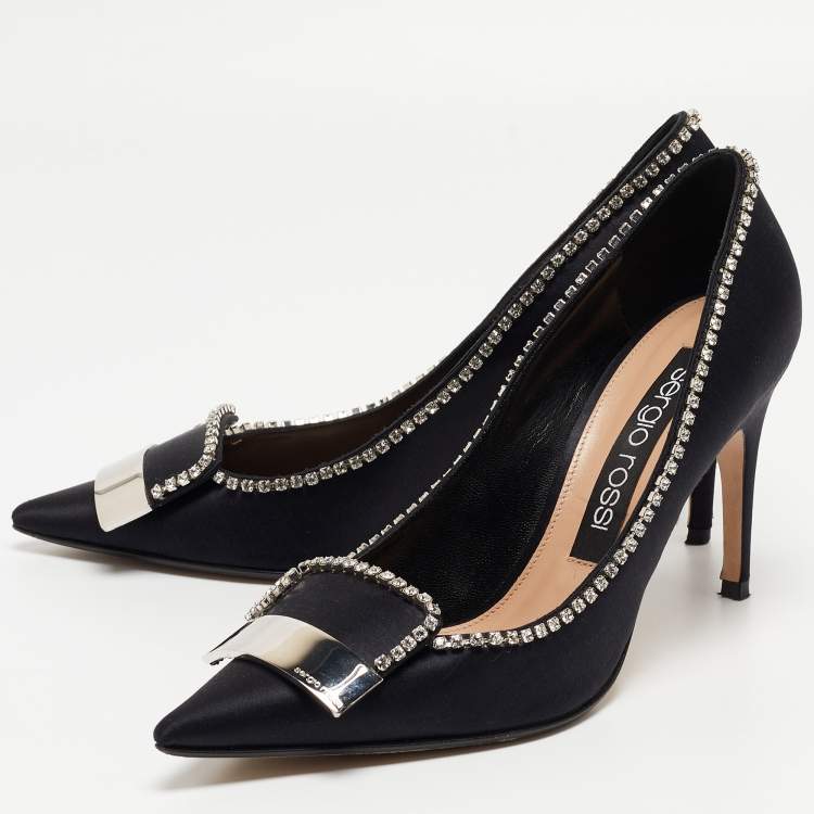 Pre Owned Sergio Rossi Black Satin Crystal Embellished Pumps Size 39.5