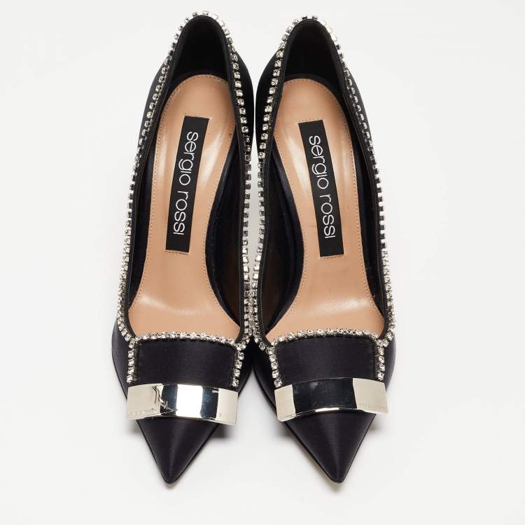 Pre Owned Sergio Rossi Black Satin Crystal Embellished Pumps Size 39.5