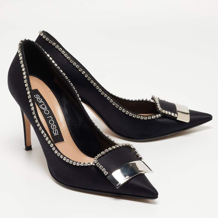 Pre Owned Sergio Rossi Black Satin Crystal Embellished Pumps Size 39.5