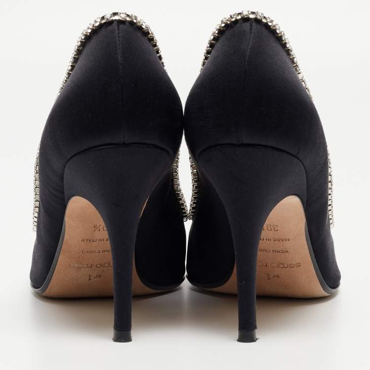 Pre Owned Sergio Rossi Black Satin Crystal Embellished Pumps Size 39.5