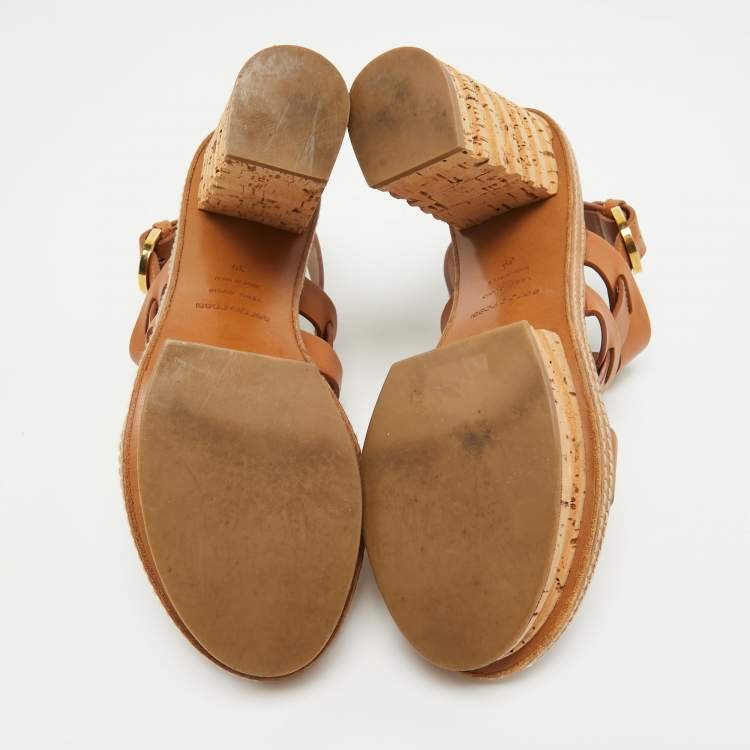مملوكة مسبقًا Sergio Rossi Brown Leather Cork Heel Ankle Strap Sandals Size 39