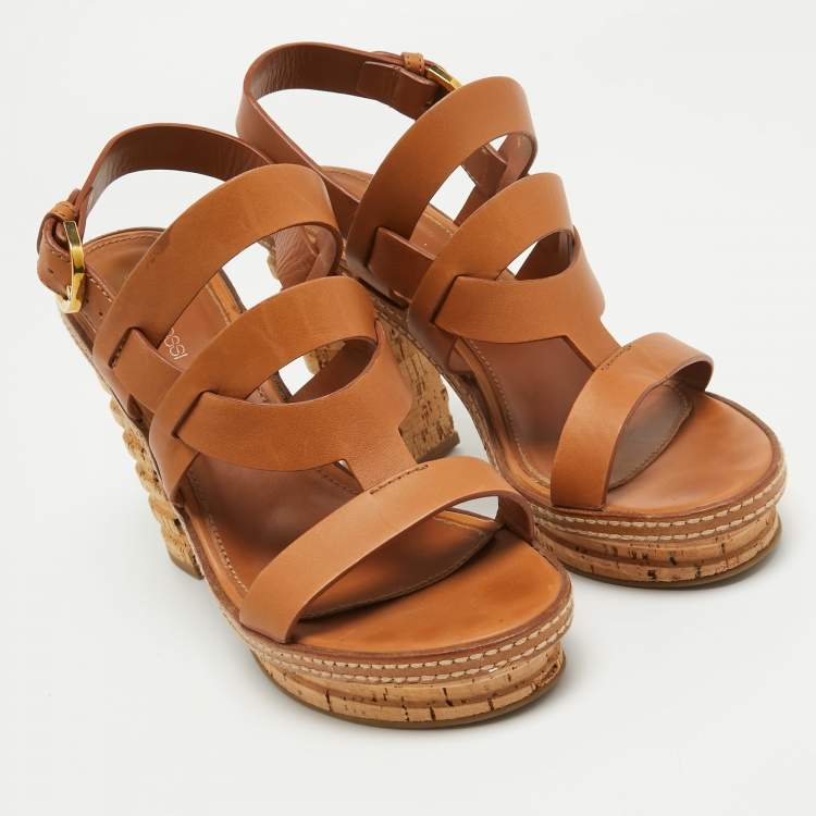 مملوكة مسبقًا Sergio Rossi Brown Leather Cork Heel Ankle Strap Sandals Size 39