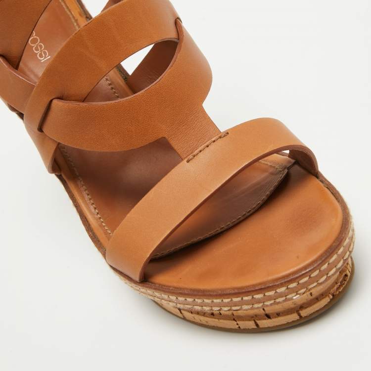 مملوكة مسبقًا Sergio Rossi Brown Leather Cork Heel Ankle Strap Sandals Size 39