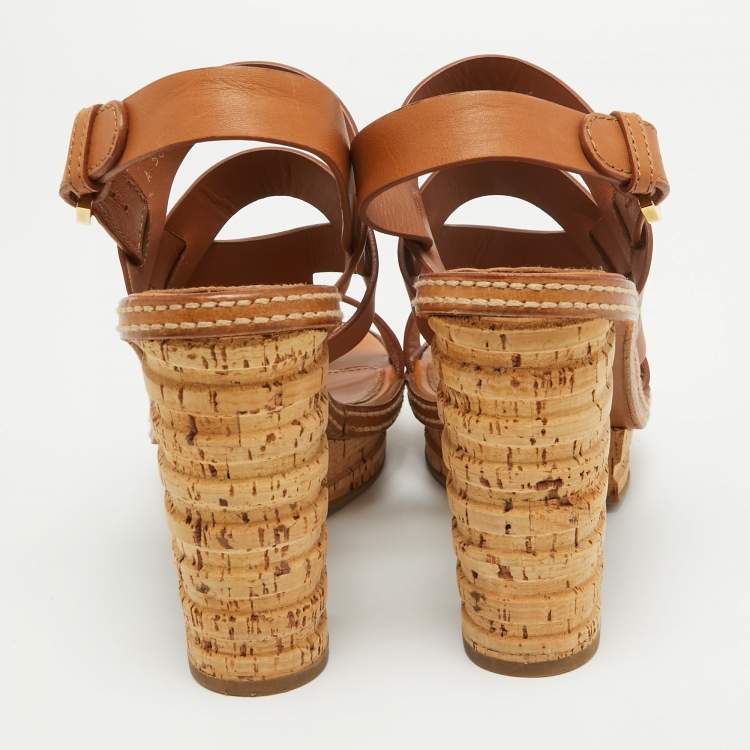 مملوكة مسبقًا Sergio Rossi Brown Leather Cork Heel Ankle Strap Sandals Size 39