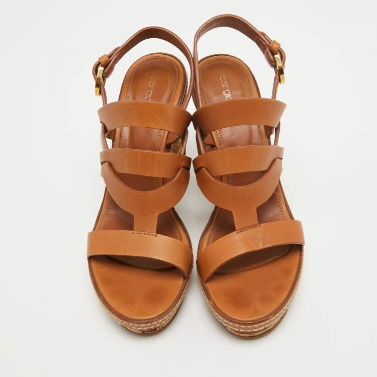مملوكة مسبقًا Sergio Rossi Brown Leather Cork Heel Ankle Strap Sandals Size 39