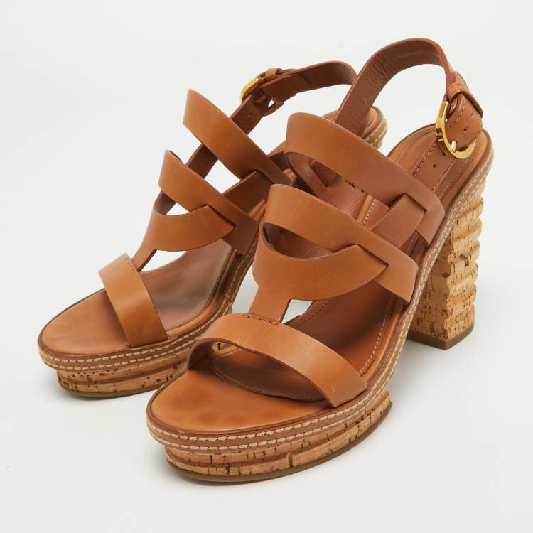 مملوكة مسبقًا Sergio Rossi Brown Leather Cork Heel Ankle Strap Sandals Size 39